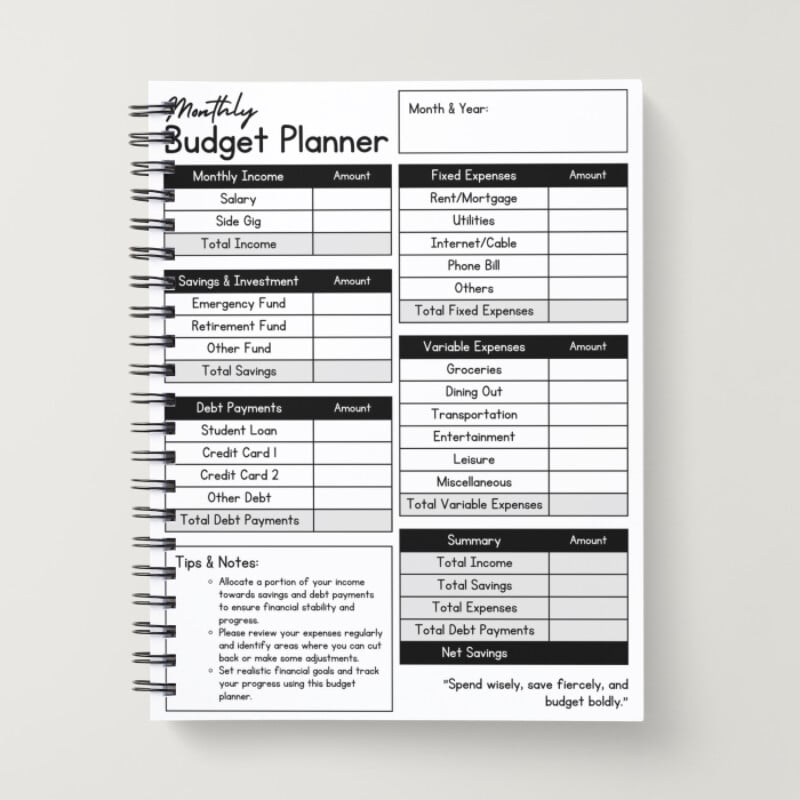 Monthly budget planner template